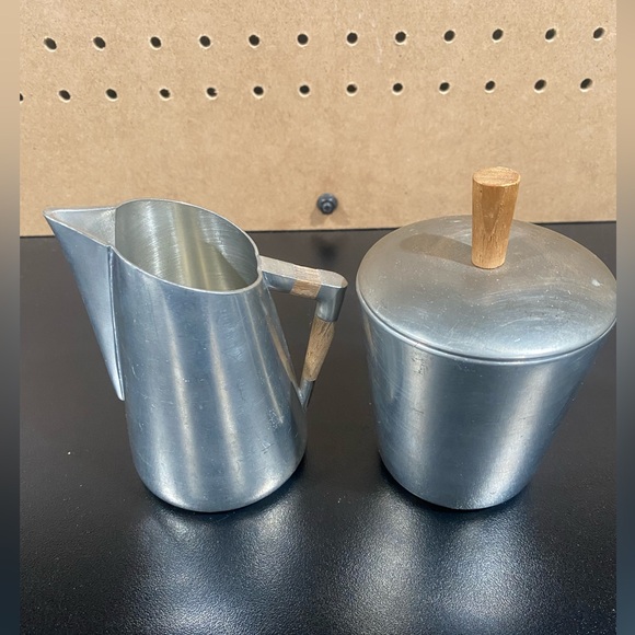 Mid Century Modern Royal Holland KDM Daalderop Pewter & Teak Sugar and Creamer - Picture 9 of 11